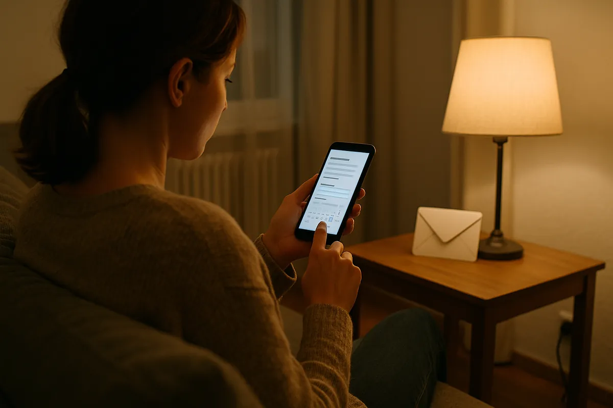Zákaznice si večer doma v křesle vybírá termín v telefonu, na stolku u lampy stojí obálka s připomínkou