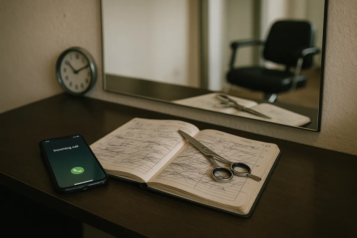 Vyzvánějící telefon vedle otevřeného diáře s přepisovanými termíny, odložené kadeřnické nůžky a prázdné křeslo v zrcadle