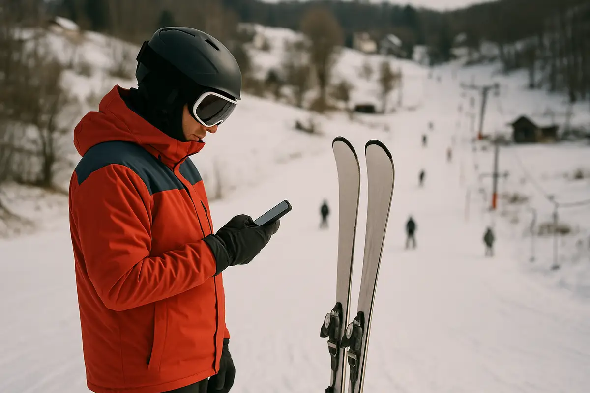 Instruktor v zimní bundě zadává na svahu do telefonu, kdy může učit